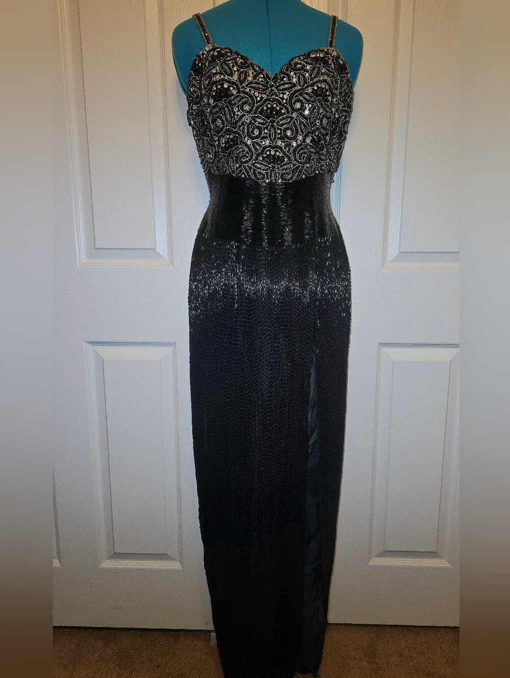 Stephen Yearick Custom Black Beaded Spaghetti-Strap Evening Gown